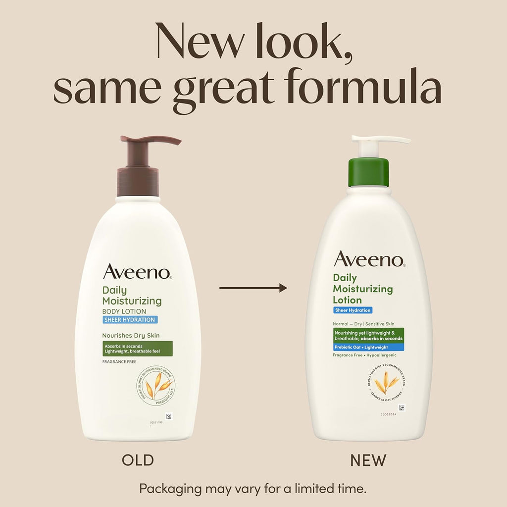 Aveeno Daily Moisturizing Sheer Hydration Fragrance-Free Lotion with Prebiotic Oat for Dry Skin, Lightweight, Non-Greasy and Fast-Absorbing Body Lotion Nourishes Skin with 48-Hour Moisture, 18 Fl Oz