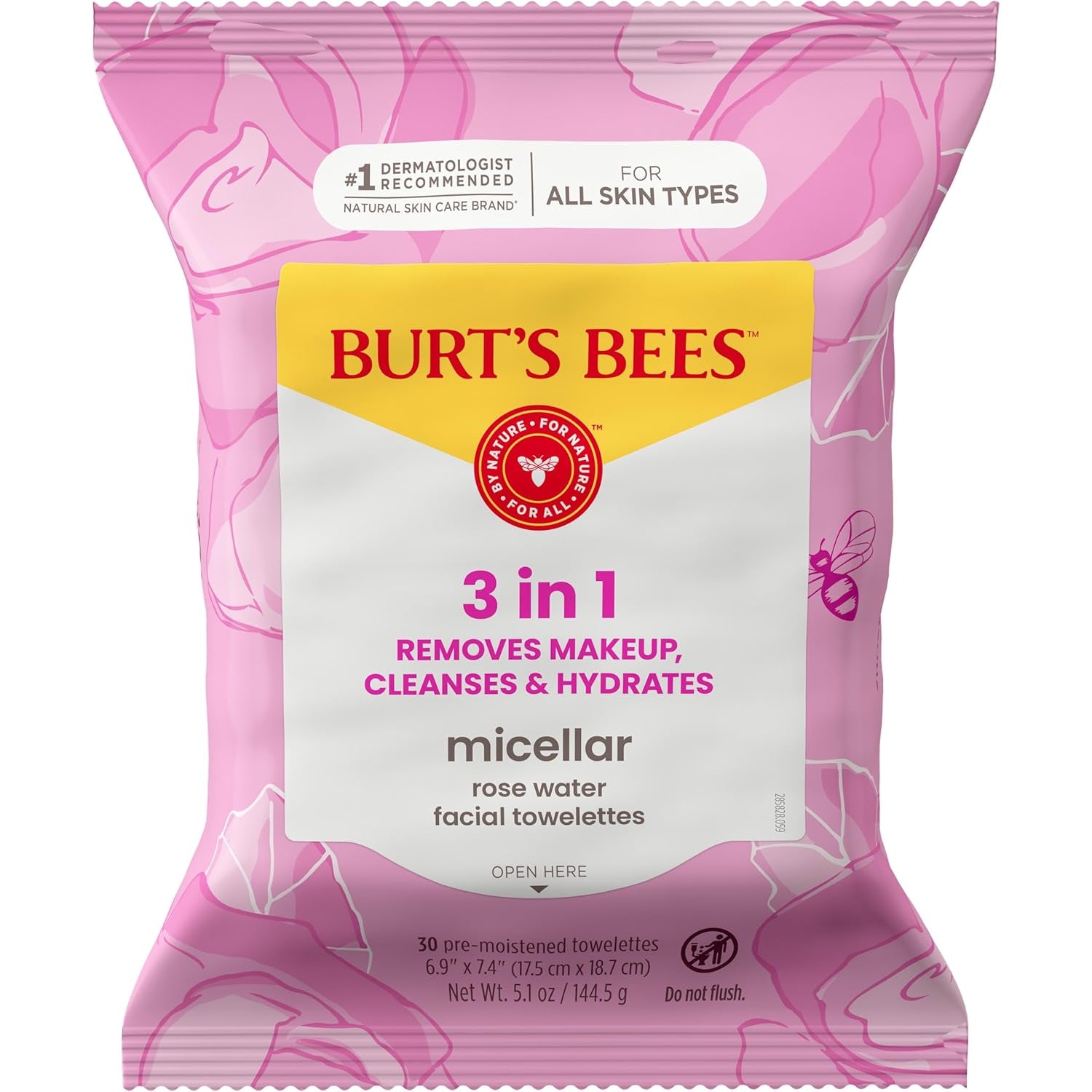 Burt’S Bees Micellar Rose Water Facial Towelettes, 30 Ct., 3 Pack | Plant Based Cloths, 98 Percent Natural Origin, Removes Make Up, Leaves No Greasy or Oily Residue, All Skin Types