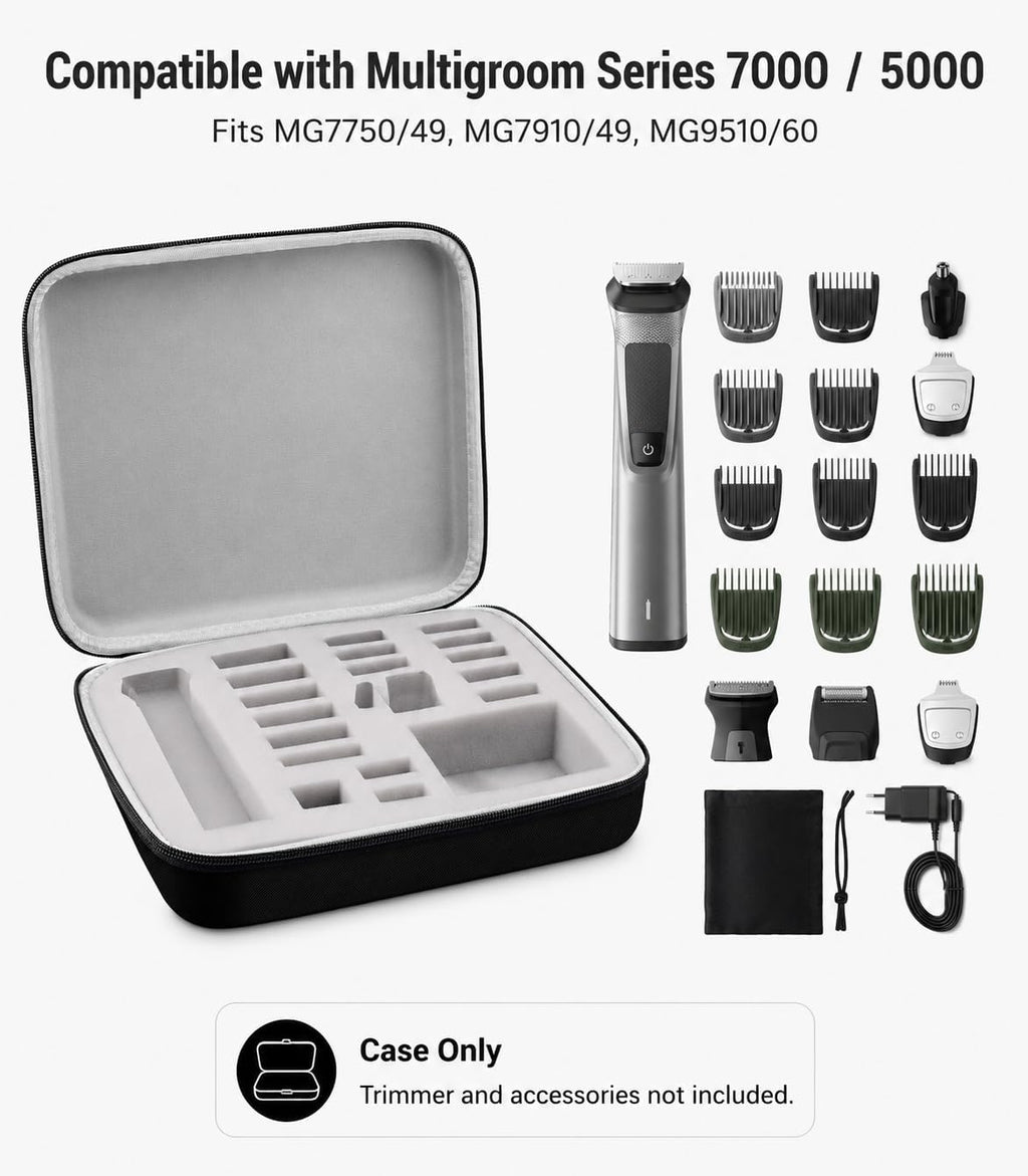 Large Hard Case for Philips Norelco Multigroom 7000 5000, Case Only | Custom Foam Slots Reduce Clutter for Men'S Grooming Kit Storage, Roomy Bathroom or Drawer Storage, Gray Inner