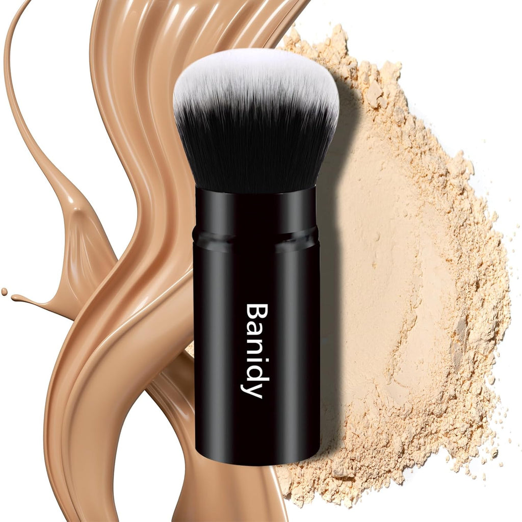 Makeup Brush Kabuki Retractable Travel Face Brushes Portable Blush Brush | Flawless for Foundation, Powder Blush, Bronzer, Buffing, Liquid, Cream, Cruelty Free with Cover(Round-Head)