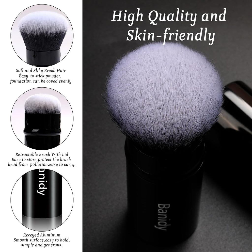 Makeup Brush Kabuki Retractable Travel Face Brushes Portable Blush Brush | Flawless for Foundation, Powder Blush, Bronzer, Buffing, Liquid, Cream, Cruelty Free with Cover(Round-Head)