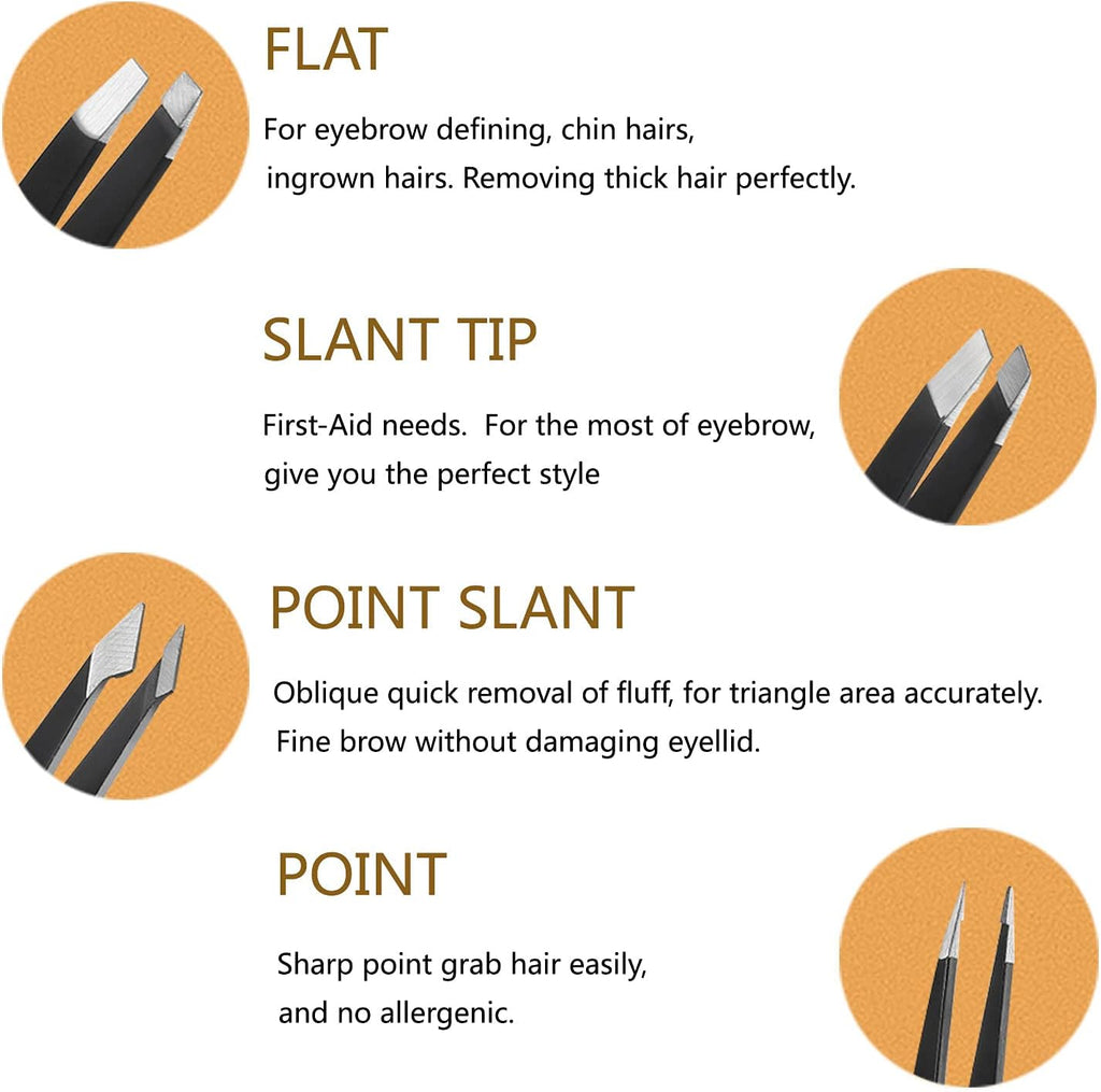 [4 Pieces +1] Tweezers Set with Travel Case for Women & Men | Plucker for Facial Hair, Eyerows, Sharp, Slanted, Flat, Precision, Professional, Hair Removal