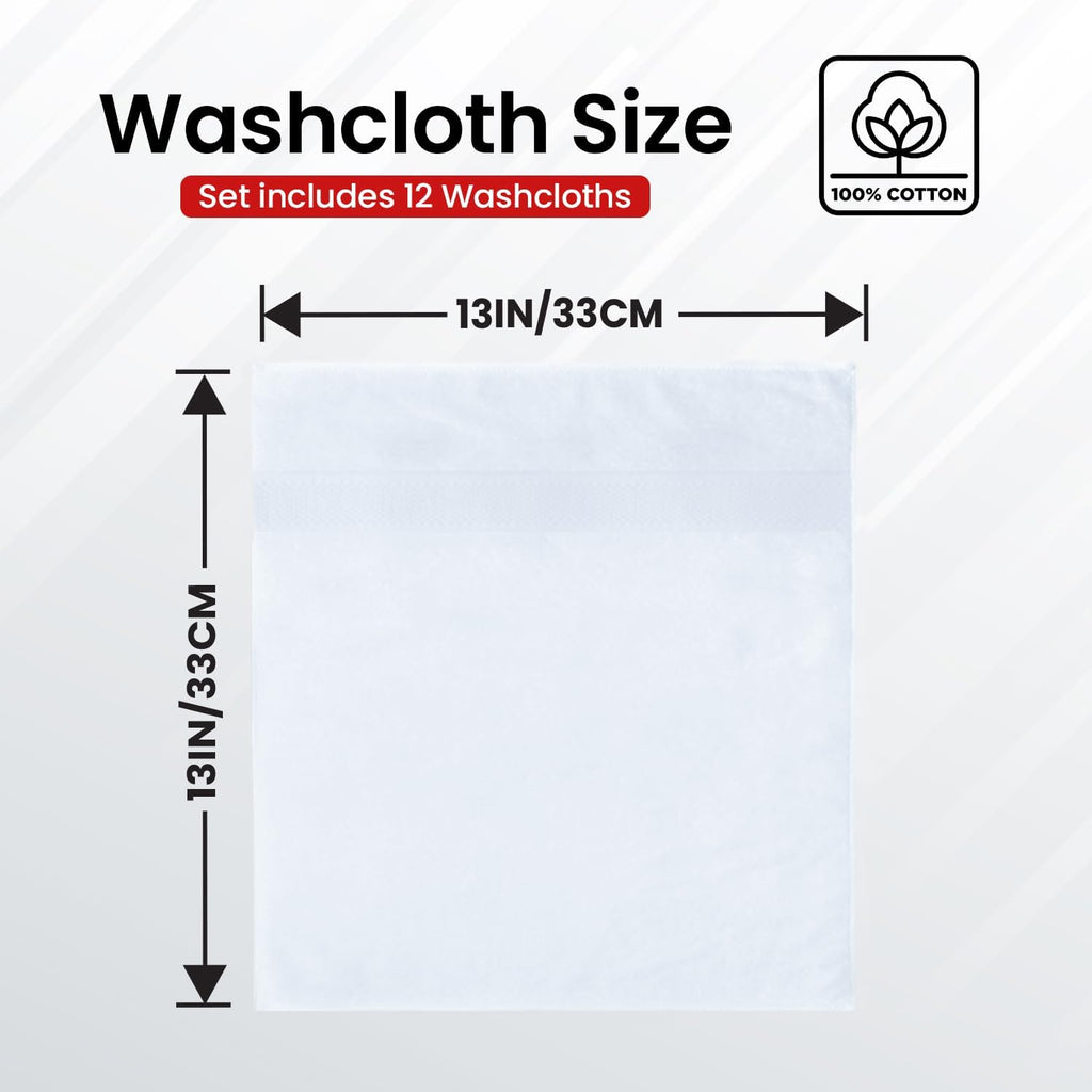 100% Cotton Luxury Wash Cloths for Showering - 12 Pack | Washcloths [13X13] - Soft and Absorbent Face Towels for Bathroom Wash Clothes - Gym, Spa & Hotel Use