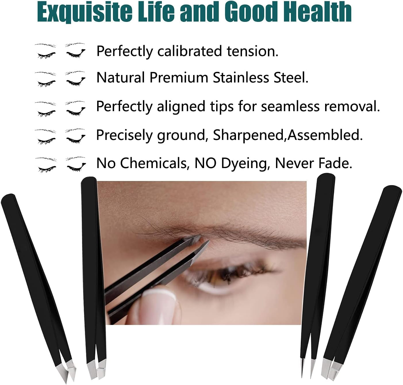 [4 Pieces +1] Tweezers Set with Travel Case for Women & Men | Plucker for Facial Hair, Eyerows, Sharp, Slanted, Flat, Precision, Professional, Hair Removal