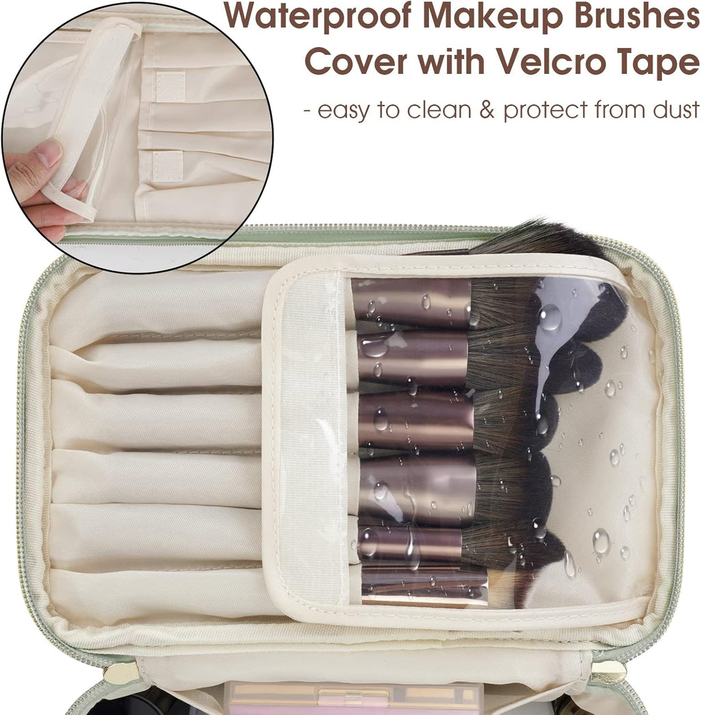 Makeup Bag, Women Travel Make up Vanity Case with Handle | Portable Make up Essentials Organizer, Brush Bags for Skincare Cosmetic Lipstick, Eco Vegan Leather, Green
