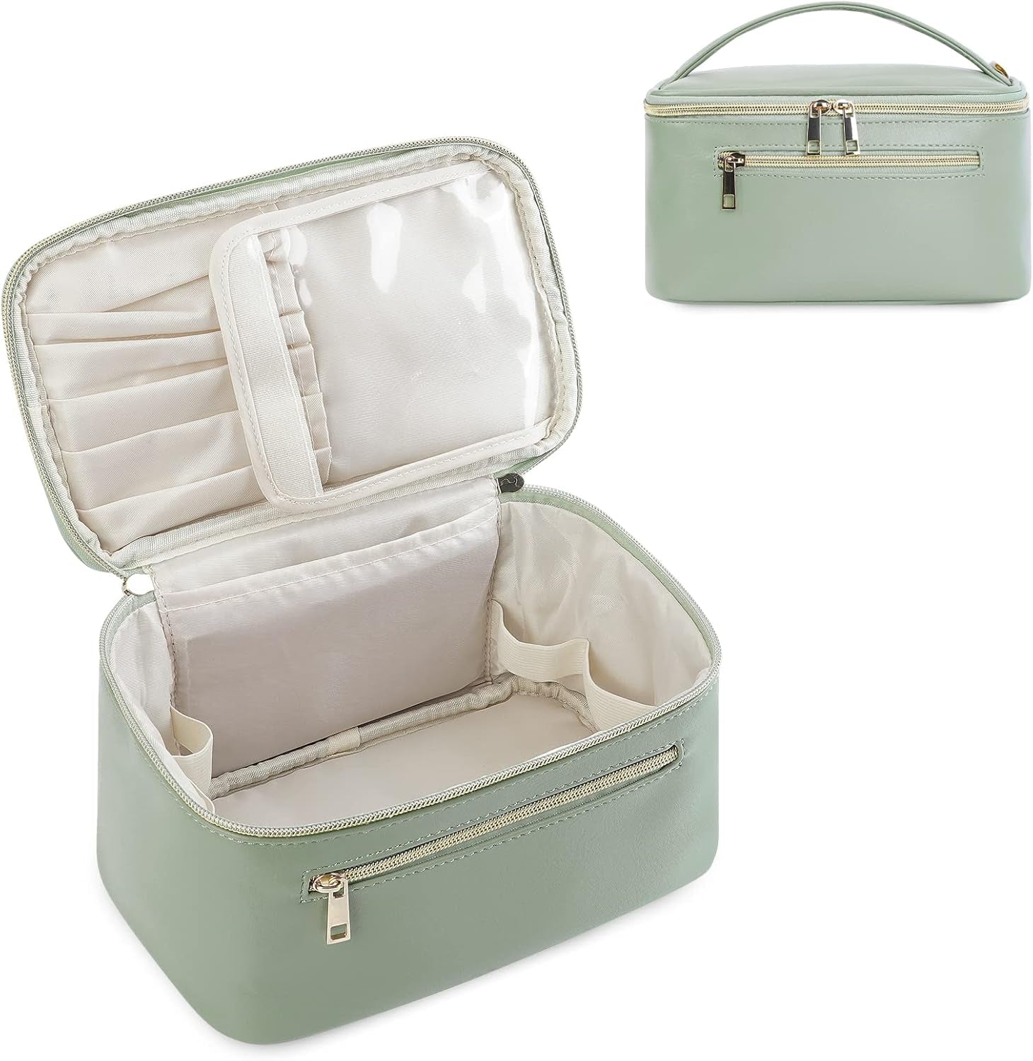 Makeup Bag, Women Travel Make up Vanity Case with Handle | Portable Make up Essentials Organizer, Brush Bags for Skincare Cosmetic Lipstick, Eco Vegan Leather, Green