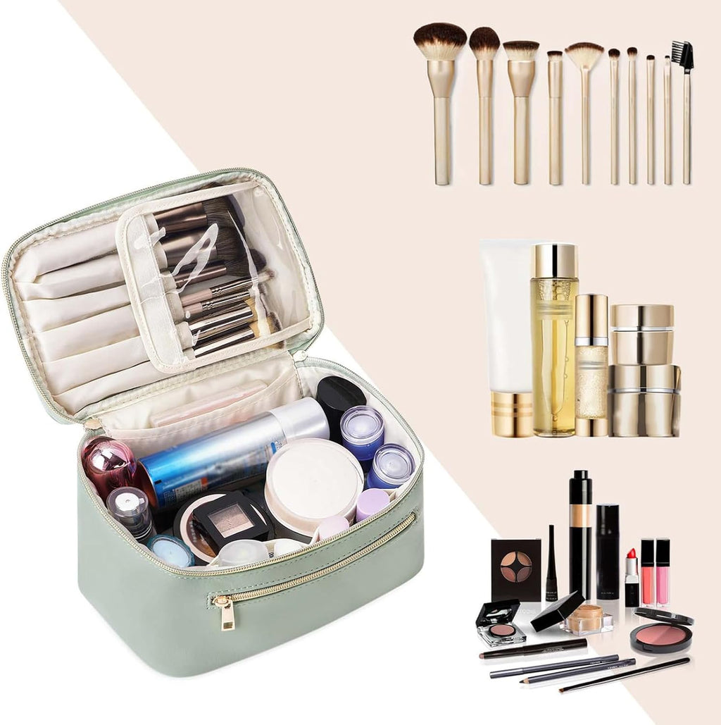 Makeup Bag, Women Travel Make up Vanity Case with Handle | Portable Make up Essentials Organizer, Brush Bags for Skincare Cosmetic Lipstick, Eco Vegan Leather, Green
