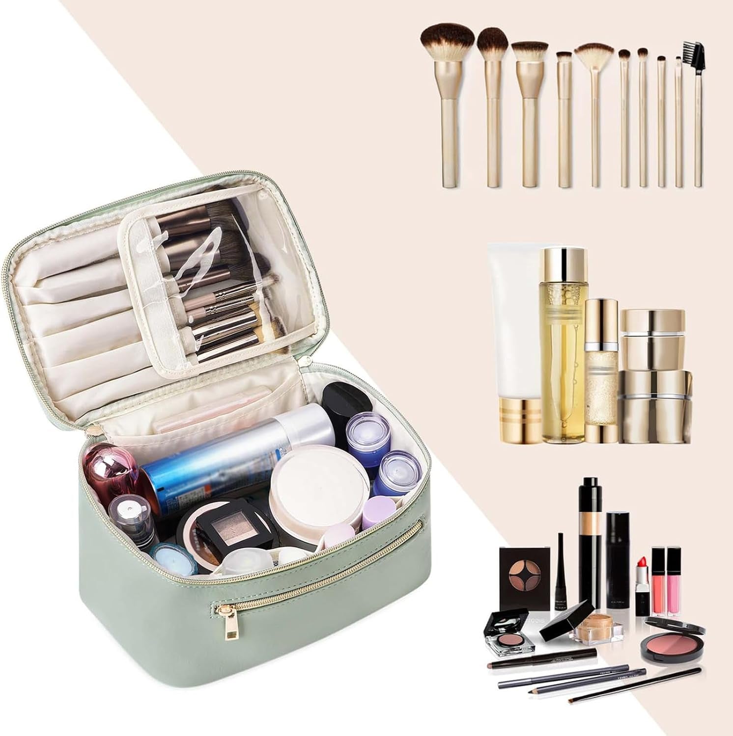 Makeup Bag, Women Travel Make up Vanity Case with Handle | Portable Make up Essentials Organizer, Brush Bags for Skincare Cosmetic Lipstick, Eco Vegan Leather, Green