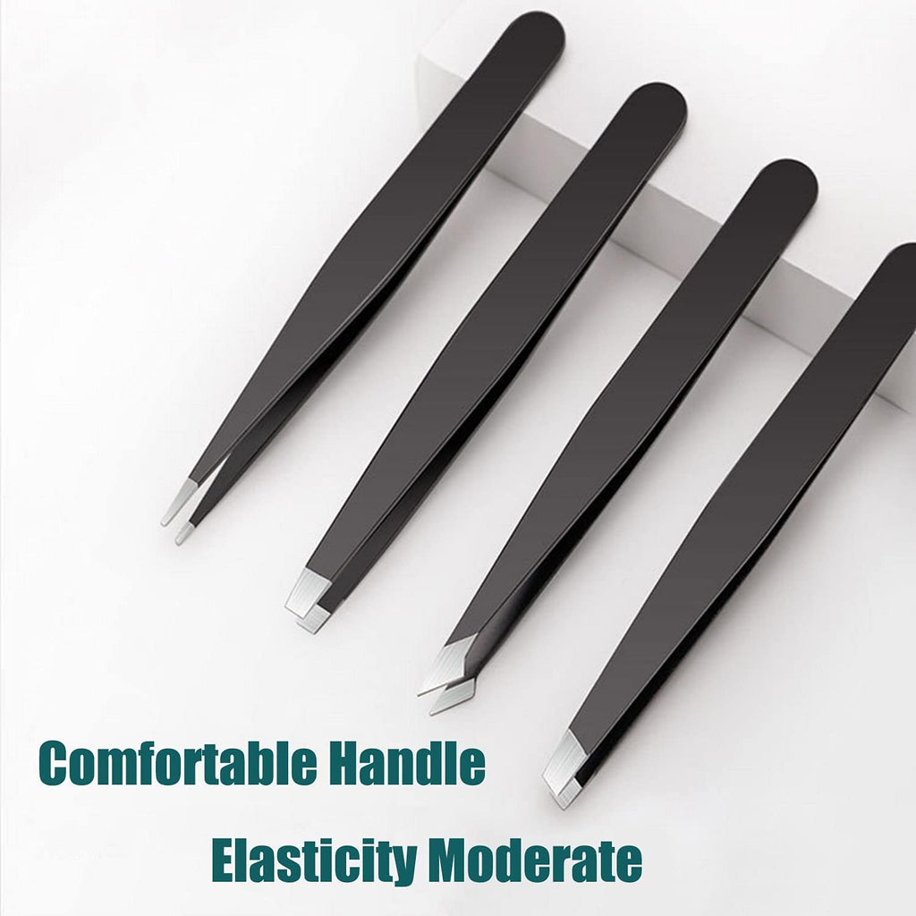 [4 Pieces +1] Tweezers Set with Travel Case for Women & Men | Plucker for Facial Hair, Eyerows, Sharp, Slanted, Flat, Precision, Professional, Hair Removal